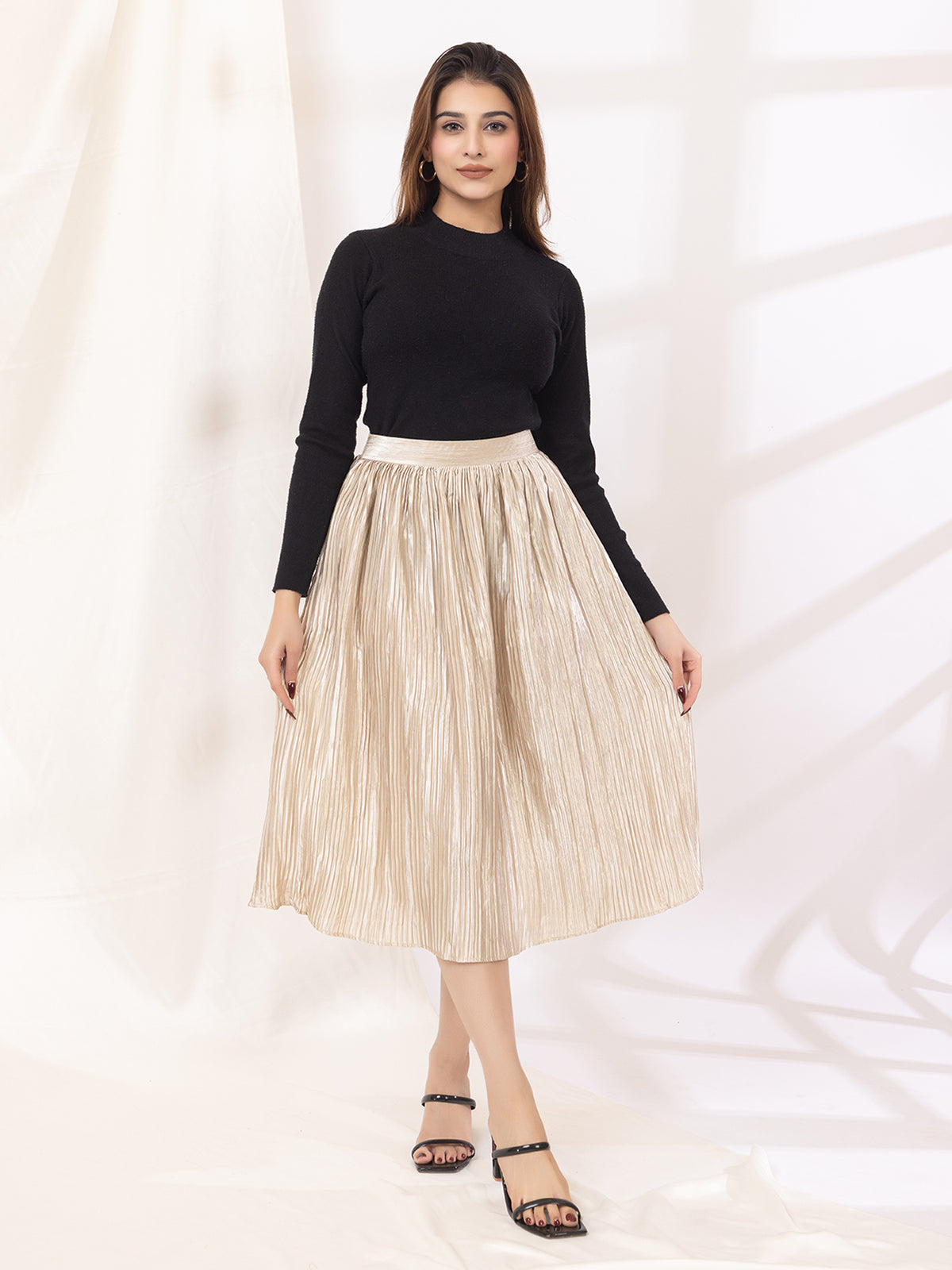 Golden Pleated Maxi Skirt