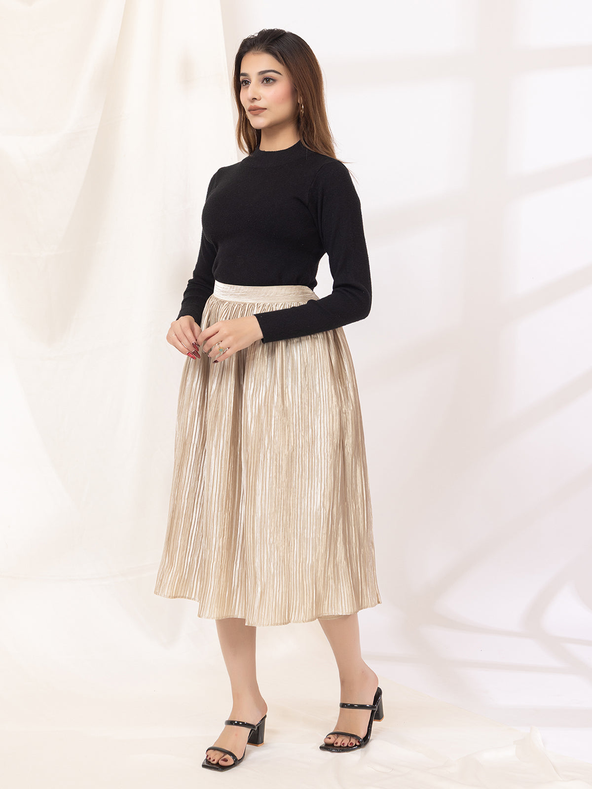 Golden Pleated Maxi Skirt
